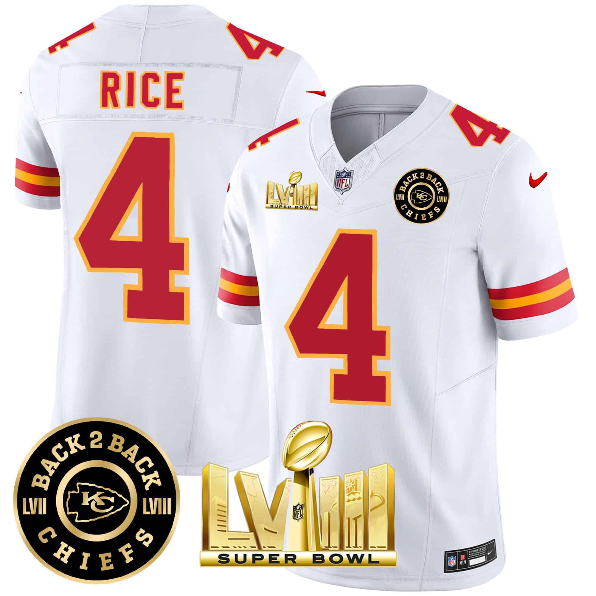 Men Kansas City Chiefs #4 Rice White 2024 Nike Super Bowl LVIII & Back-2-Back Patch Vapor NFL Jersey